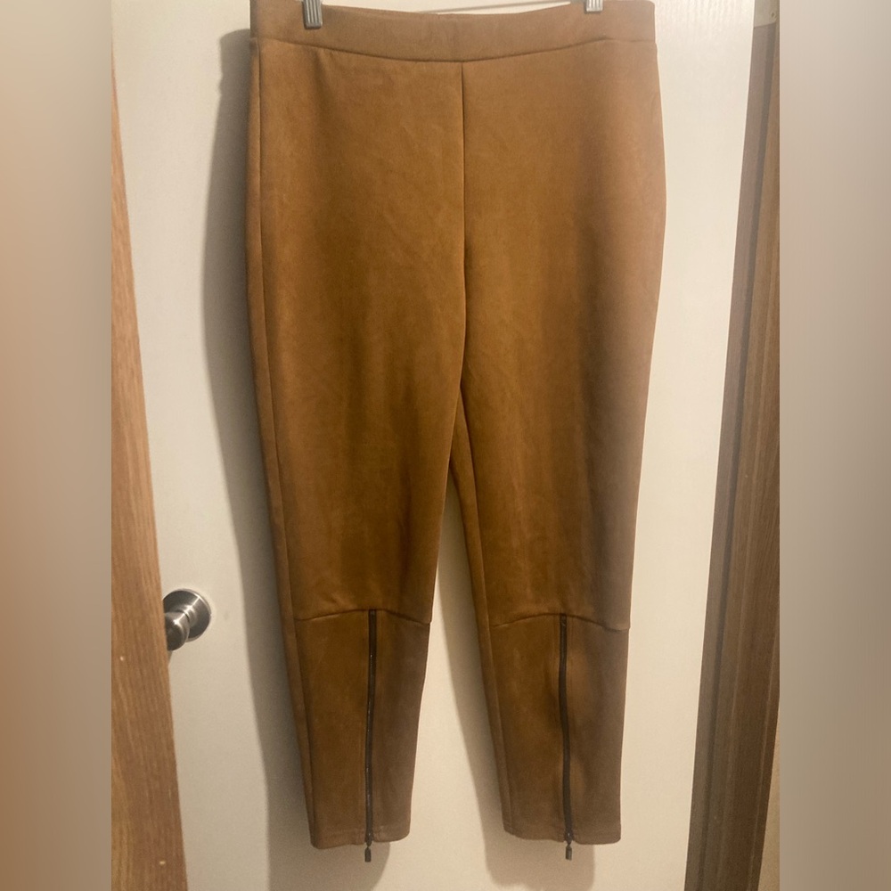 Joseph Ribkoff Brown Suede like Pants with Zipper Detail